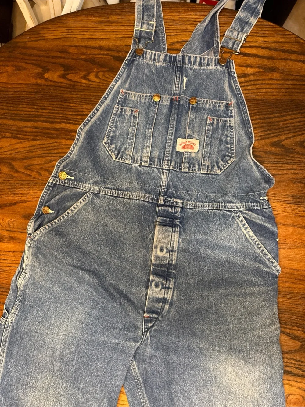 Vintage  90s ROUND HOUSE Blue Denim Carpenters Overalls 36-38”Waist 30